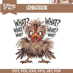 May include: An embroidered design of a startled chicken with the word "WHAT?" repeated around it. The design uses brown, red, and yellow hues, with black text. The image also includes text indicating the design is available in 9 sizes, ranging from 7.6 to 17.8 cm.