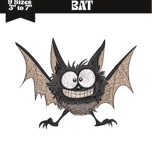 May include: A cartoon bat embroidery design with a large, toothy grin and wide eyes. The bat has black fur, tan wings, and is labeled "BAT". The design is available in 9 sizes, ranging from 3 to 7 inches. The file formats include DST, PES, EXP, VP3, JEF, and PDF.