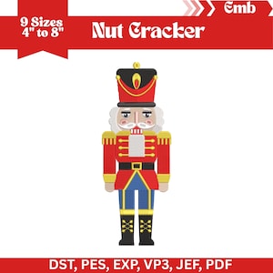 May include: A digital embroidery design of a classic nutcracker soldier. The design features a red coat with gold trim, blue pants, and black boots. The text "Nut Cracker" is displayed above the image, with size options from 4" to 8".