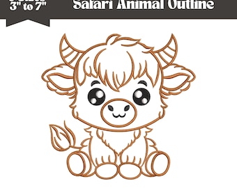 Baby Highland Cow Outline Embroidery Design, Machine Embroidery File. 9 Sizes, Instant Download
