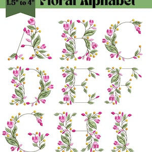 May include: Floral alphabet embroidery designs, letters A through I, each adorned with pink flowers, green leaves, and yellow berries. The text reads "6 Sizes 1.5" to 4"" and "BX FORMAT". Includes DST, PES, EXP, VP3, JEF, and PDF formats.