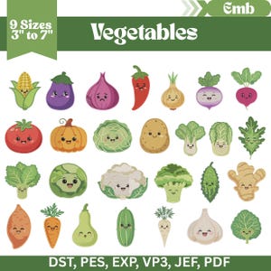 Op de afbeelding: Een illustratie van cartoon groenten met lachende gezichten, waaronder maïs, aubergine, ui en tomaat. De tekst "Vegetables" staat erboven. De afbeelding bevat ook de tekst "9 Sizes 7.6 cm to 17.8 cm" en bestandsinfo.