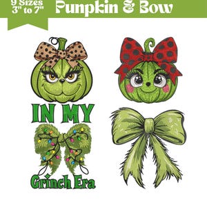 May include: A digital design featuring four images with a pumpkin and bow theme. The images include a green pumpkin with a bow, a bow with lights, and a green bow. Text includes "Punpkin & Bow" and "In My Grinch Era".