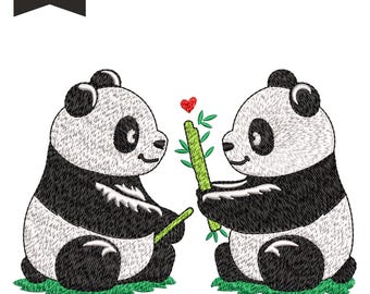 Paar Panda Stickdatei, Tierstickerei (9 Größen) (Instant Download)