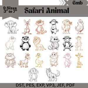 May include: A collection of cartoon safari animals, including an elephant, kangaroo, tiger, cow, dog, and more. The image includes the text "9 Sizes 3" to 7"" and "Safari Animal". The image also includes the text "Emb" and "DST, PES, EXP, VP3, JEF, PDF".