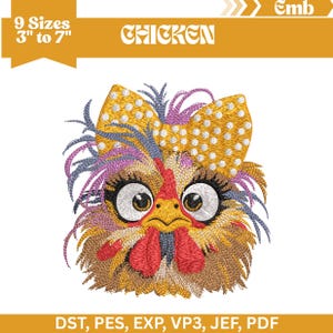 May include: Embroidered chicken design with a yellow bow, large eyes, and a red wattle. The text "CHICKEN" is above the design. Available in 9 sizes, from 3 to 7 inches.