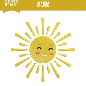 Puede incluir: Diseño de sol amarillo bordado con una cara sonriente y rayos radiantes. El texto "SUN" está encima del sol. El texto "6 Sizes 2" to 7"" está en la esquina superior izquierda. El texto "DST, PES, EXP, VP3, JEF, PDF" está en la parte inferior.