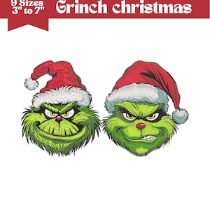 Könnte beinhalten: Zwei gestickte Grinch-Gesichter mit Weihnachtsmützen. Der Grinch ist grün mit roter Nase und schelmischem Gesichtsausdruck. Der Text "Grinch christmas" steht über den Bildern. Die Größen reichen von 7,6 bis 17,8 cm.