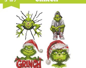 4 Grinch Embroidery Design Bundle, Christmas Patterns, Machine Embroidery Files, 9 Sizes (Instant Download)