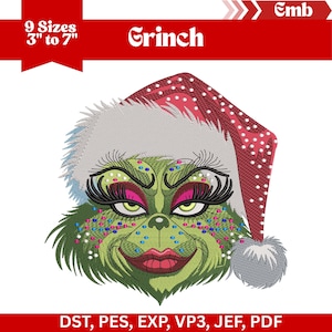 May include: An embroidered design featuring the Grinch's face, wearing a Santa hat. The Grinch is green with long eyelashes, pink eyeshadow, and a red lipstick smile. The text "Grinch" is above the image, and the sizes range from 3 to 7 inches.
