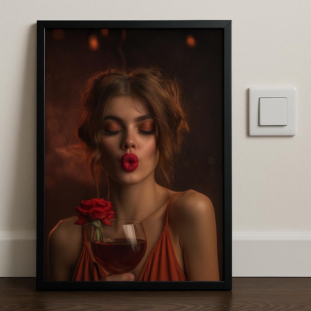Red Rose & Wine Glass Wall Art Print, Hyper Realism Portrait, Glossy ...