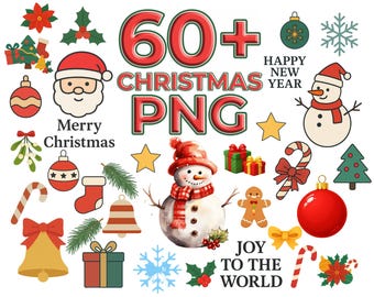 May include: A collection of Christmas-themed PNG graphics, including a snowman, Santa Claus, ornaments, gifts, and candy canes. Text includes "60+ Christmas PNG", "Merry Christmas", "Happy New Year", and "Joy to the World".
