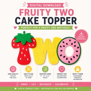 Może przedstawiać: Grafika do dekoracji tortu do pobrania cyfrowego z napisem FRUITY TWO CAKE TOPPER. Słowo TWO jest stylizowane na czerwoną literę T w kształcie truskawki, żółtą literę W w ananasy oraz różową literę O w kształcie arbuza. Zawiera szerokości 20,3, 25,4 i 30,5 cm.