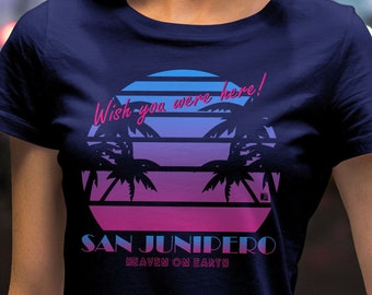 Camiseta negra con palmeras al atardecer "Heaven On Earth" de San Junipero (talla para hombre, unisex y mujer)