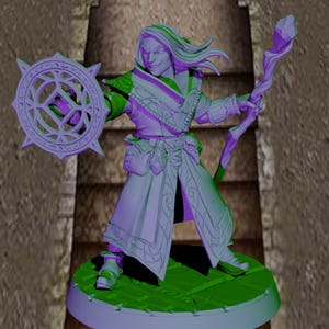 May include: A miniature figurine of a spellcaster standing on a circular base. The figure wears a long coat with intricate patterns, holds a twisted wooden staff in one hand, and projects a glowing purple circular magical sigil from the other hand.