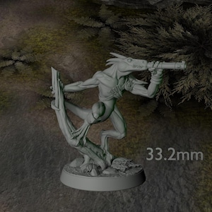 May include: A grey unpainted miniature figure of a lizard-like creature standing on a tree stump base. The creature holds a long cylindrical object to its eye with one hand. The figure is labelled with the text 33.2mm, indicating its height.