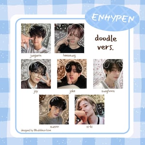 May include: A collage of seven individual portraits of the members of the group ENHYPEN, labeled with their names: Jungwon, Heeseung, Jay, Jake, Sunghoon, Sunoo, and Ni-ki. Each portrait features white hand-drawn doodle accents around the heads.