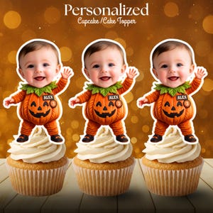 Topper de cupcake de abóbora para o Halloween, personalizado com rosto, nome e idade. Topper de bolo de aniversário de abóbora personalizado. Decoração de festa. Toppers de cupcake de outono. Digital.