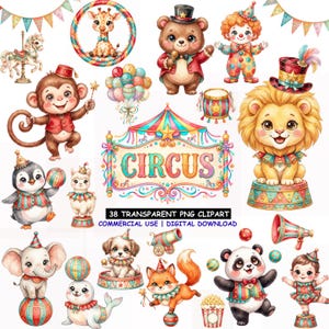 Pode incluir: Uma coleção de ilustrações digitais com tema de circo, incluindo um leão, urso, macaco, pinguim, elefante, panda, raposa, foca, girafa e palhaço, com uma placa central contendo o texto CIRCUS e vários acessórios de carnaval.