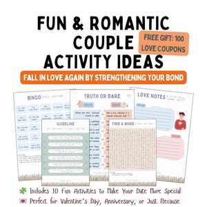 Peut inclure: Un ensemble d'idées d'activités de couple imprimables avec le texte "FUN & ROMANTIC COUPLE ACTIVITY IDEAS". L'image comprend des modèles de bingo, de vérité ou défi et de notes d'amour. Le texte mentionne également un cadeau gratuit de 100 coupons d'amour.