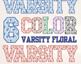 Floral Toile Varsity Alphabet & Numbers: 6 Colors PNG Set - Blue, Green, Red, Purple, Black, Dark Red (Digital Download)
