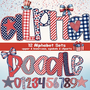Preppy 4th of July Alphabet Bundle PNG, Patriotic Red Blue Doodle Letters, Gingham Grandmillenial Independence 12 Alpha Pack with Clipart