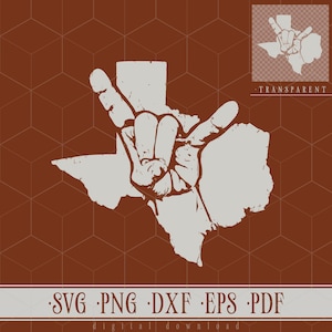 Puede incluir: Gráfico de descarga digital que presenta el contorno del estado de Texas con un gesto de la mano que forma la forma del estado. El diseño es de color gris claro sobre un fondo geométrico marrón. El texto "SVG PNG DXF EPS PDF" está en la parte inferior.