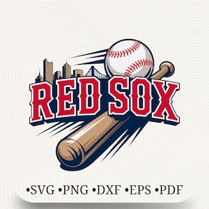 May include: A baseball-themed graphic with the words "RED SOX" in red with a white outline, a baseball, and a baseball bat. The design includes a cityscape and the text "SVG • PNG • DXF • EPS • PDF".