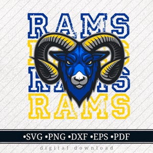 May include: A digital download graphic featuring a blue ram's head with yellow horns, set against the word "RAMS" in blue and yellow. The design includes file type options: SVG, PNG, DXF, EPS, and PDF.