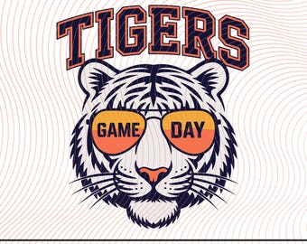 Tigers Game Day Svg, Sports Team Spirit Design för basebollfotbollsfans, Cool Tiger med solglasögon digital nedladdning