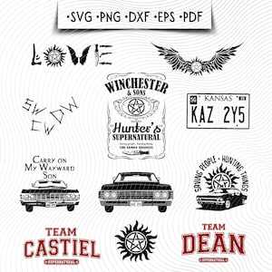 May include: A collection of black and red Supernatural-themed graphics. Includes the word "LOVE" with a pentagram, angel wings, a license plate, and the text "Winchester & Sons". Also features the text "Carry on My Wayward Son" and "Team Castiel".