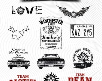 Övernaturligt SVG-paket, Team Dean, Team Castiel, Impala-registreringsskylt, sw dw cw, Cricut, Laser, Utskrivbar, svg, png, dxf, pdf, eps, 11-pack