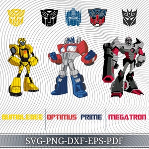 Peut inclure: Illustration numérique des personnages Transformers Bumblebee, Optimus Prime et Megatron. L'image comprend les symboles Autobot et Decepticon, ainsi que les textes "Bumblebee", "Optimus Prime" et "Megatron". Le bas de l'image indique "SVG-PNG-DXF-EPS-PDF".