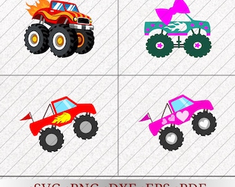 Monster Truck SVG-paket - Hot Cars 4 digitala designer för Cricut och Silhouette - Barnfestdekorationer, T-shirts, klistermärken och mer