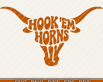 Hook Em Horns Svg Png Dxf Eps Pdf, Texas Longhorn Digital Design, Western Cow Skull Cricut File, Austin Gift For Fans