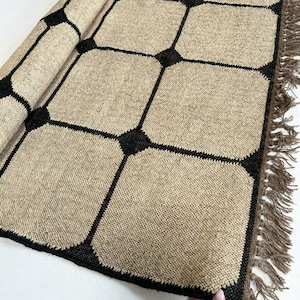 Handwoven Wool Jute  Kilim Rug: Black & White Oriental Design 5x8 Ft Rug Vintage Decor Rug Flatweave Rug All Custom Size Available 5x7 6x9