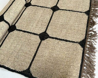 Handwoven Wool Jute  Kilim Rug: Black & White Oriental Design 5x8 Ft Rug Vintage Decor Rug Flatweave Rug All Custom Size Available 5x7 6x9