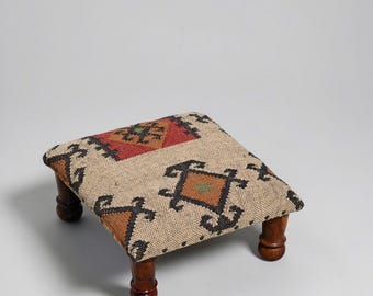 Vintage Turkish Kilim Footstool – Handmade Upholstered Ottoman, Boho Home Decor Accent Stool