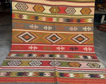 Handwoven Wool Jute Kilim Rug: Traditional Indian Boho Decor 4x6