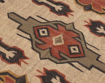 Tapete Kilim do Sudoeste feito à mão – Tapete rústico em estilo tribal Navajo – Tapete boho para sala de estar – Tapete geométrico bege e vermelho para quarto
