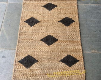 Natural With Black Dot Hemp Jute Runner, Handmade Indian Traditional Area Jute Rug, Stair Runner, Kitchen Hallway Home Decor Jute Runner 2x8
