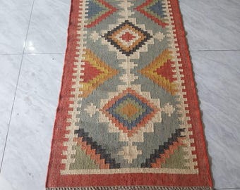 Dywan kilimowy Long Runner, ręcznie tkany dywan z wełny i juty, ręcznie tkany, dywan kilimowy Dhurrie, motywy orientalne, tradycyjne indyjskie, geometryczne, tureckie