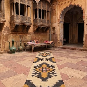 Tappeto Kilim fatto a mano, tappeto in lana stile boho, tappeto geometrico tribale per corridoio, tappeto rustico per pavimento in stile fattoria