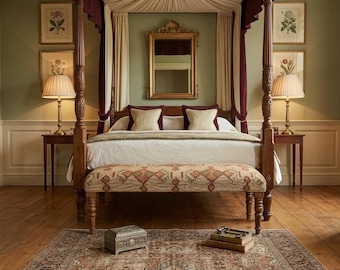 Banco de madera tapizado estilo bohemio Kilim – Banco rústico para recibidor, asiento tribal hecho a mano, decoración para el hogar estilo granja