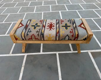 Kilim Upholstered Wooden Bench, Handmade Rustic Ottoman Bench, Farmhouse Entryway Footstool Decor