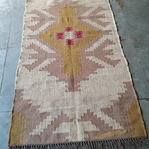 Handwoven Hemp & Cotton Kilim Runner Rug Vintage Boho Style Wool Jute Kilim Rug