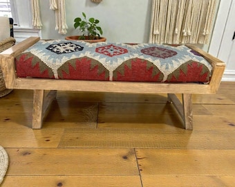 Banco de madera tapizado estilo bohemio Kilim – Banco rústico para recibidor, asiento tribal hecho a mano, decoración para el hogar estilo granja