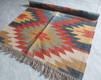 Vintage Wool Jute Kilim Rug, Handwoven, Wool and Jute Rug Handmade, Kilim Dhurrie Rug, Traditional Indian Traditional Living Area Jute Rug