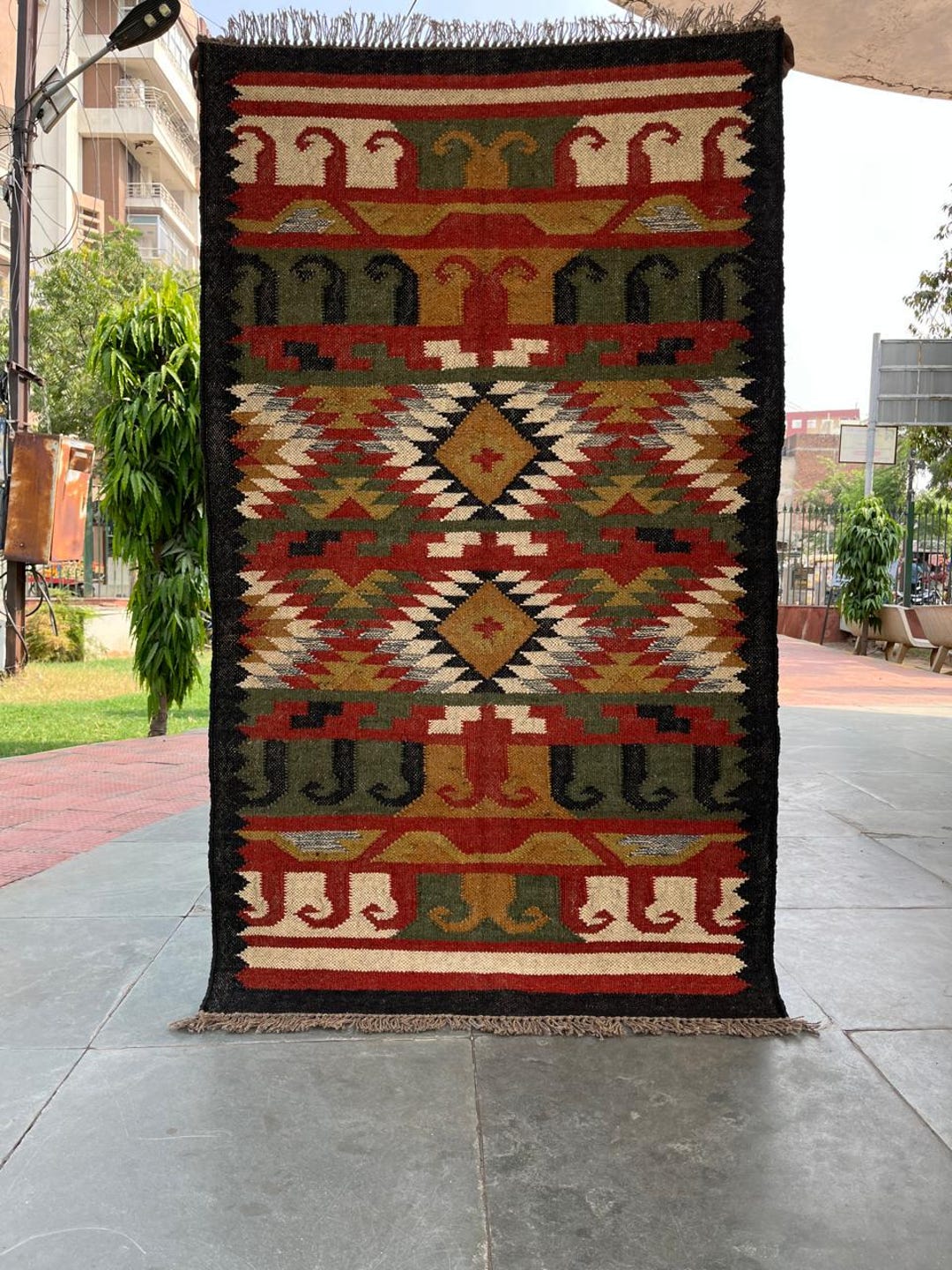Handcrafted Wool Jute Kilim Rug, Southwestern Tribal Kilim Rug, Wool ...