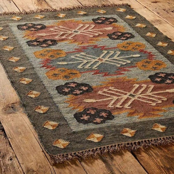 Handwoven Wool Jute Kilim Rug, Wool Jute Rug, Kilim Jute Rug, Flatweave Rug, Bohemian Rug, Indian Dhurrie Rug, Navajo Kilim Rug, Custom Rug